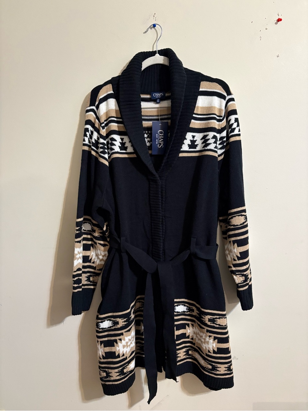 Chaps sweater women’s 2XL black tan Southwestern style belted long cardigan NWT - Picture 2 of 16